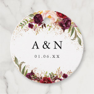 Bruiloft Goud Stof Bourgogne Bloemen Bedankjes Labels