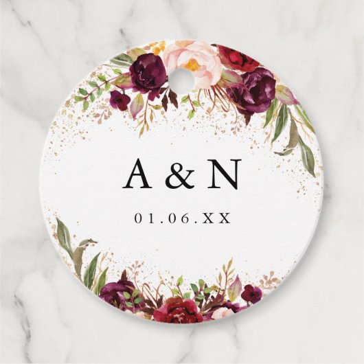 Bruiloft Goud Stof Bourgogne Bloemen Bedankjes Labels (Voorkant)