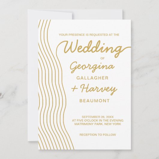 Bruiloft Goud Wit Golvende Lijnen Elegant Minimali Kaart (Voorkant)