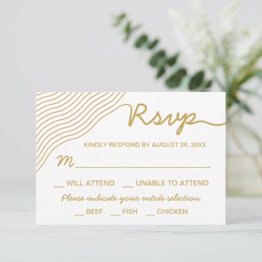 Bruiloft Goud Wit Golvende Lijnen Elegant Minimali RSVP Kaartje (Staand voorkant)