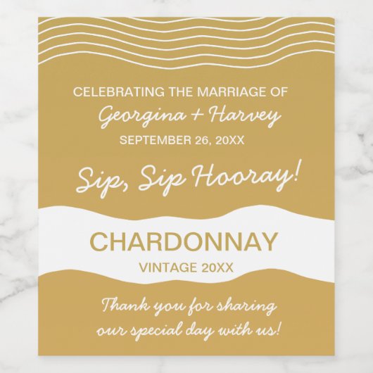 Bruiloft Goud Wit Golvende Lijnen Elegant Minimali Wijn Etiket (Enkel label)