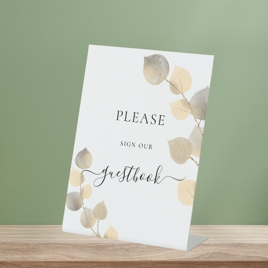 Bruiloft gouden eucalyptus gastenboek reclamebord met voetstuk