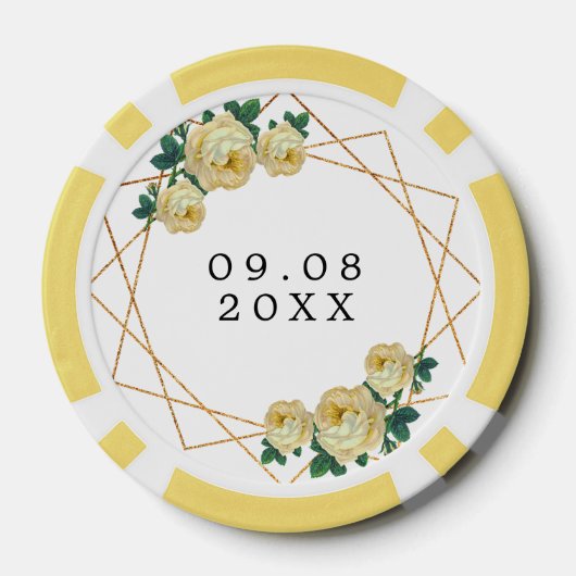 Bruiloft Gouden Glitter Geo Gele Bloemen Namen Dat Poker Chips (Achterkant)