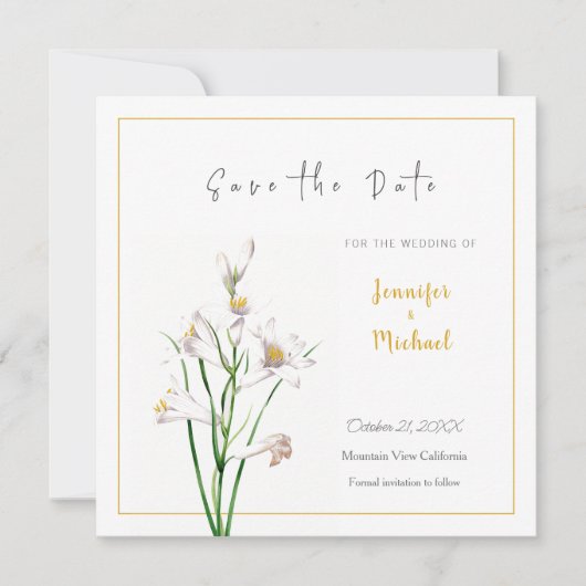 Bruiloft Gouden Kleur Kalligrafie Bloem Save the D Kaart (Voorkant)