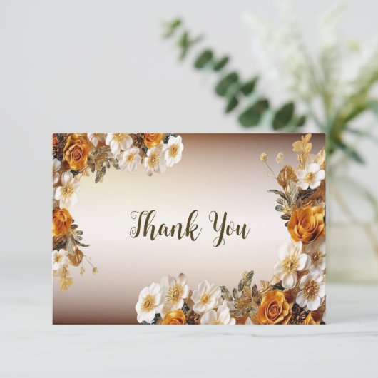 Bruiloft Gouden Sinaasappel Wit Bloemen Rustiek Bedankkaart (Staand voorkant)