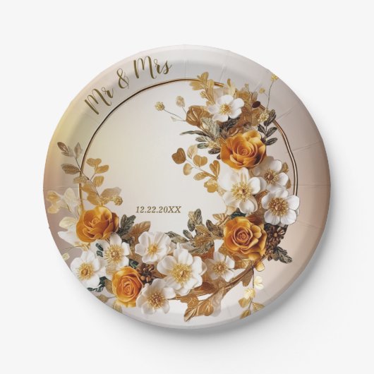 Bruiloft Gouden Sinaasappel Wit Bloemen Rustiek Papieren Bordje (Voorkant)