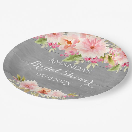 Bruiloft gray roze bloemen landelijk papieren bordje (Gekanteld)