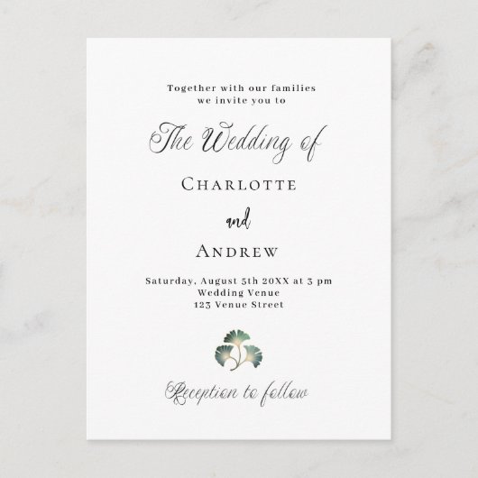 Bruiloft groen ginkgo laat eenvoudig script uitnodiging briefkaart (Voorkant)