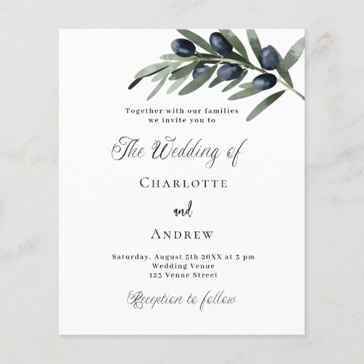 Bruiloft groen olijfblad budget uitnodiging (Voorkant)
