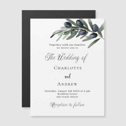 Bruiloft groen olijfbladeren eenvoudig script luxe magnetische uitnodiging (Voorkant / Achterkant)