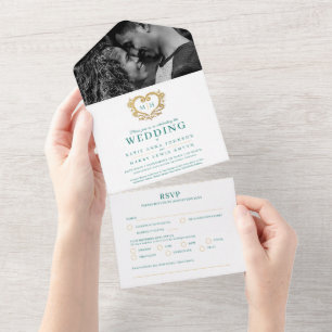 Bruiloft groen wit decoratief gouden hart monogram all in one uitnodiging
