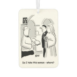 Bruiloft. Groom vraagt: "Neem ik deze vrouw mee?" Luchtverfrisser