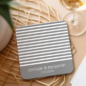 Bruiloft gunst bruid bruidegom datum strepen grijs kartonnen onderzetters