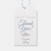 Bruiloft gunst Dank u wit met blauw & grijs Cadeaulabel (Voorkant)