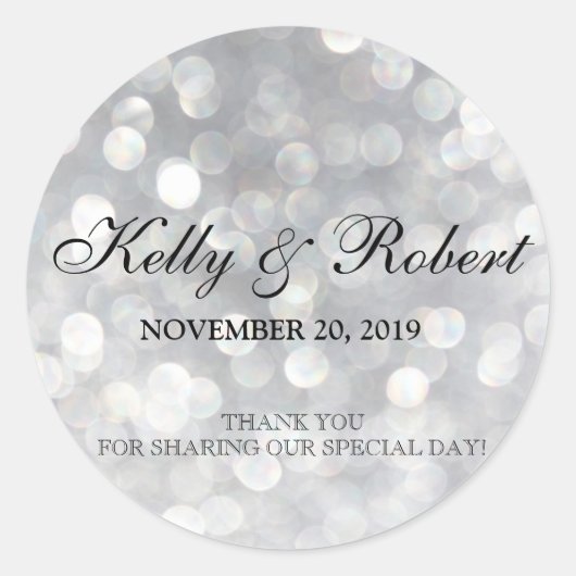 Bruiloft gunst Label Elegant Silver Bokeh Lights (Voorkant)