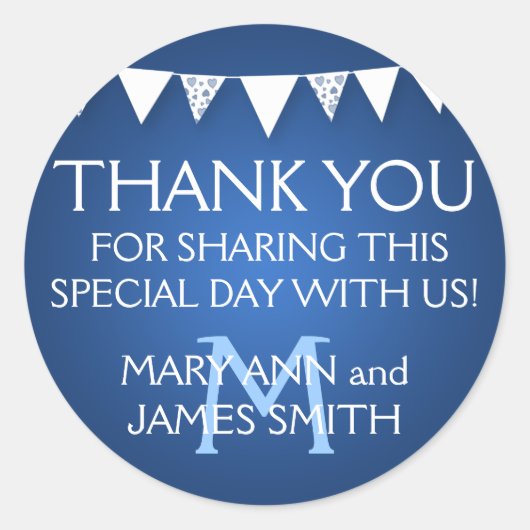 Bruiloft gunst Label liefde bunting monogram blauw (Voorkant)