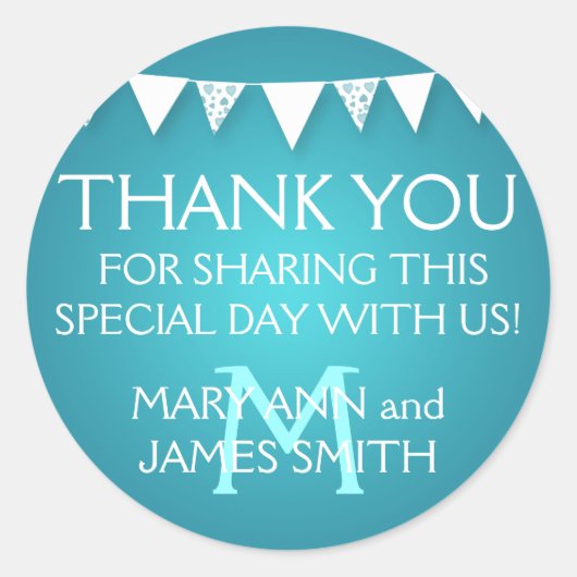 Bruiloft gunst Label Liefde Bunting Monogram Turqu (Voorkant)