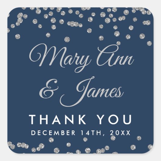 Bruiloft gunst Label Silver Glitter Confetti Navy (Voorkant)