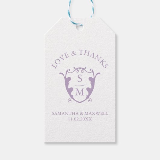 Bruiloft gunst Labels Lila Monogram Crest Cadeaulabel (Voorkant)