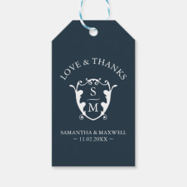 Bruiloft gunst Labels Navy Blue Monogram Crest Cadeaulabel