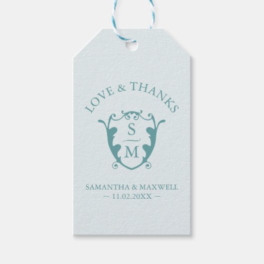 Bruiloft gunst Labels Turquoise Monogram Crest Cadeaulabel (Voorkant)