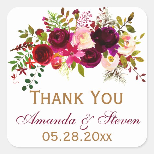 Bruiloft gunst Sticker - Bourgondische bloemen, ge (Voorkant)