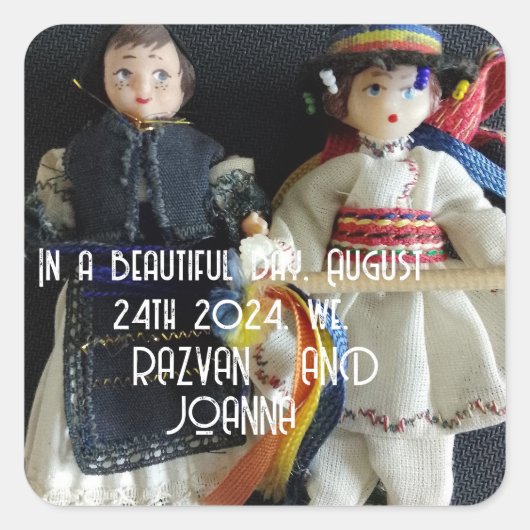 bruiloft gunst sticker Roemeens Nationaal Kostuum (Voorkant)