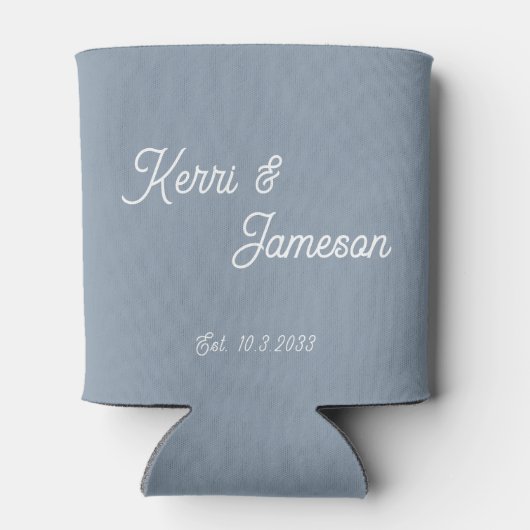 Bruiloft gunsten stoffig blauw minimalistisch scri blikjeskoeler (Achterkant)