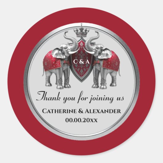 bruiloft gunsten zilveren olifanten koninklijke kr ronde sticker (Voorkant)