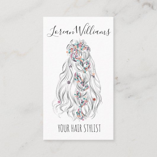 Bruiloft Haar Stylist Zwart Wit Wavy Hair Floral Visitekaartje (Voorkant)