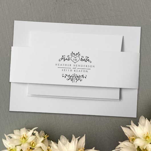 Bruiloft hart blad monogram zwart wit uitnodigingen wikkel