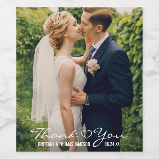 Bruiloft hart foto dank u sprankelende wijn & wijn etiket (Enkel label)