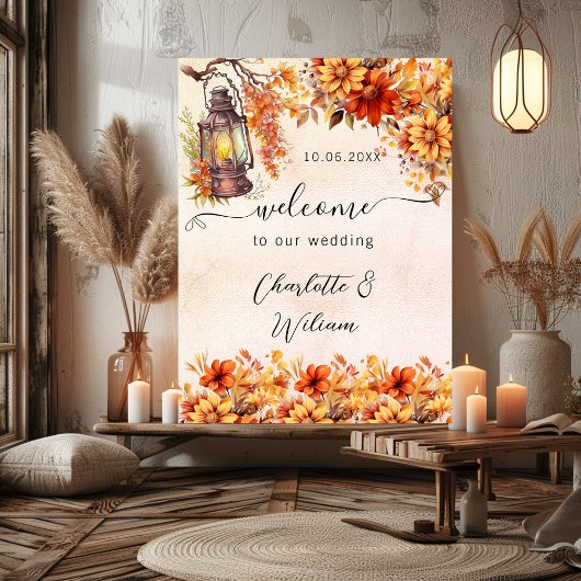 Bruiloft herfst sinaasappel bloemen welkom poster