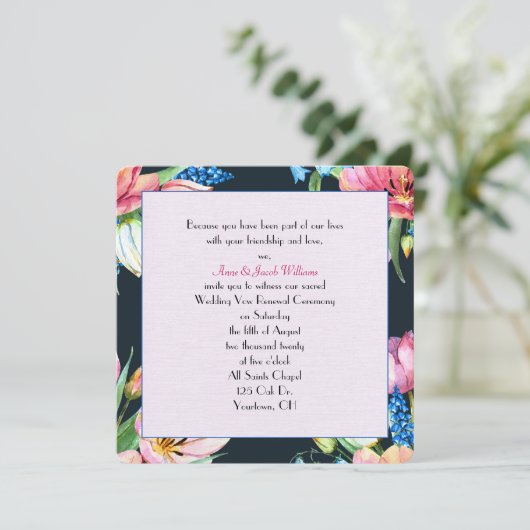 bruiloft hernieuwing waterverf floral on black kaart (Staand voorkant)