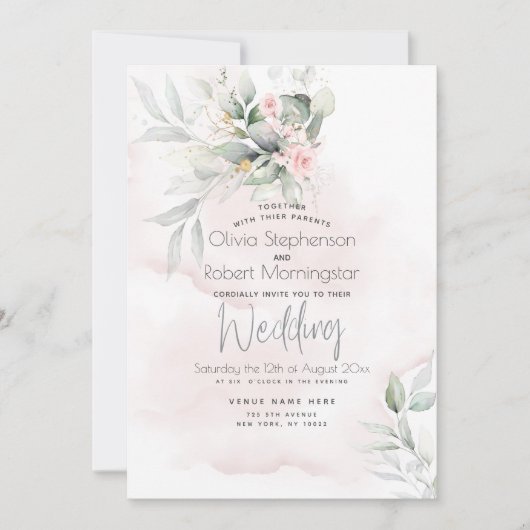 Bruiloft | Houtland Greenery Bleek Roze Roze Kaart (Voorkant)