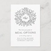 Bruiloft houtskool wit blad monogram maaltijdoptie informatiekaartje (Voorkant)