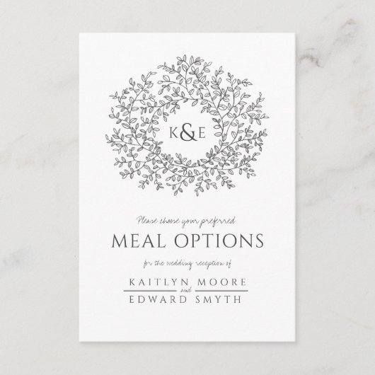 Bruiloft houtskool wit blad monogram maaltijdoptie informatiekaartje (Voorkant)