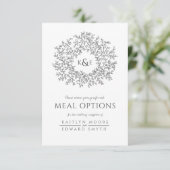 Bruiloft houtskool wit blad monogram maaltijdoptie informatiekaartje (Staand voorkant)