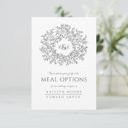 Bruiloft houtskool wit blad monogram maaltijdoptie informatiekaartje (Staand voorkant)