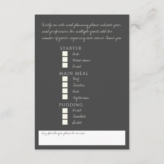 Bruiloft houtskool wit blad monogram maaltijdoptie informatiekaartje (Achterkant)