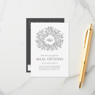Bruiloft houtskool wit blad monogram maaltijdoptie informatiekaartje