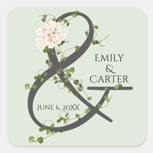 Bruiloft Hydrangea en Ivy Ampersand Vierkante Sticker (Voorkant)