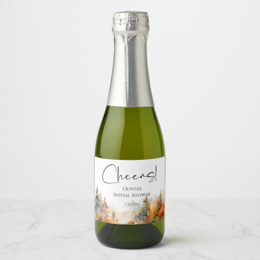 Bruiloft in de herfstige boslandschap sparkling wijnetiket (Voorkant)