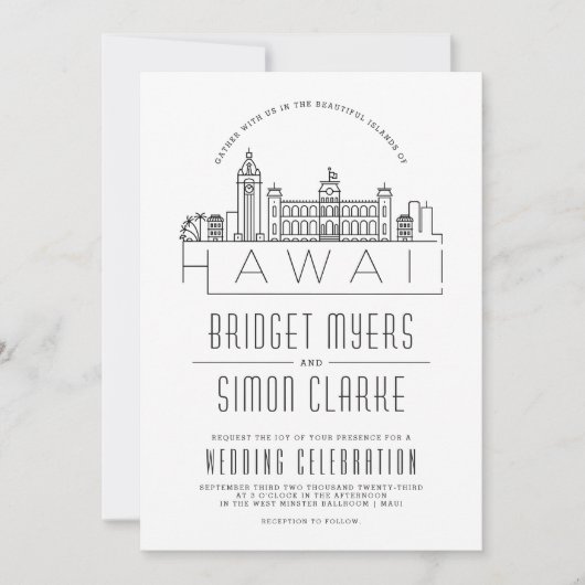 Bruiloft in Hawaï | Gestileerde Skyline uitnodigin Kaart (Voorkant)