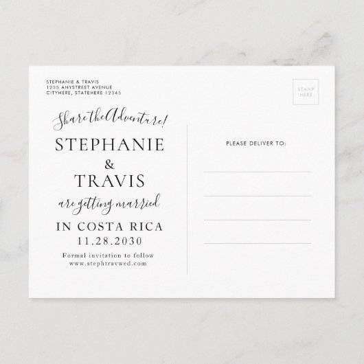 Bruiloft in het buitenland Bestemming opslaan van  Aankondigingskaart (Achterkant)