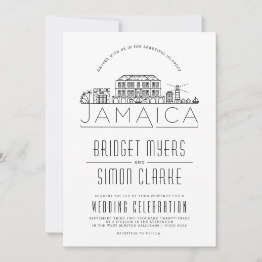 Bruiloft in Jamaica | Gestileerde Skyline uitnodig Kaart (Voorkant)
