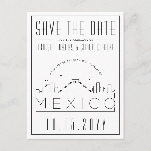 Bruiloft in Mexico Skyline Save the Date Briefkaart (Voorkant)