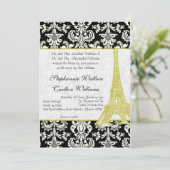 Bruiloft in Parijs Black Damask Uitnodiging (Staand voorkant)
