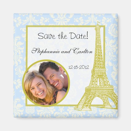 Bruiloft in Parijs Blauw Damask Aankondiging Magne Magneet (Voorkant)