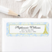 Bruiloft in Parijs Blauw Damask Retouradres Label (Insitu)
